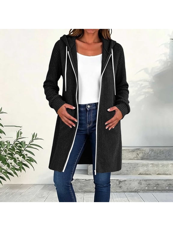 Black TARIENDY Long Cardigans for Women Ribbed Knit Full Zip Hooded Coat with Drawstring Long Sleeve Solid Color Casual Sweater Outerwear L