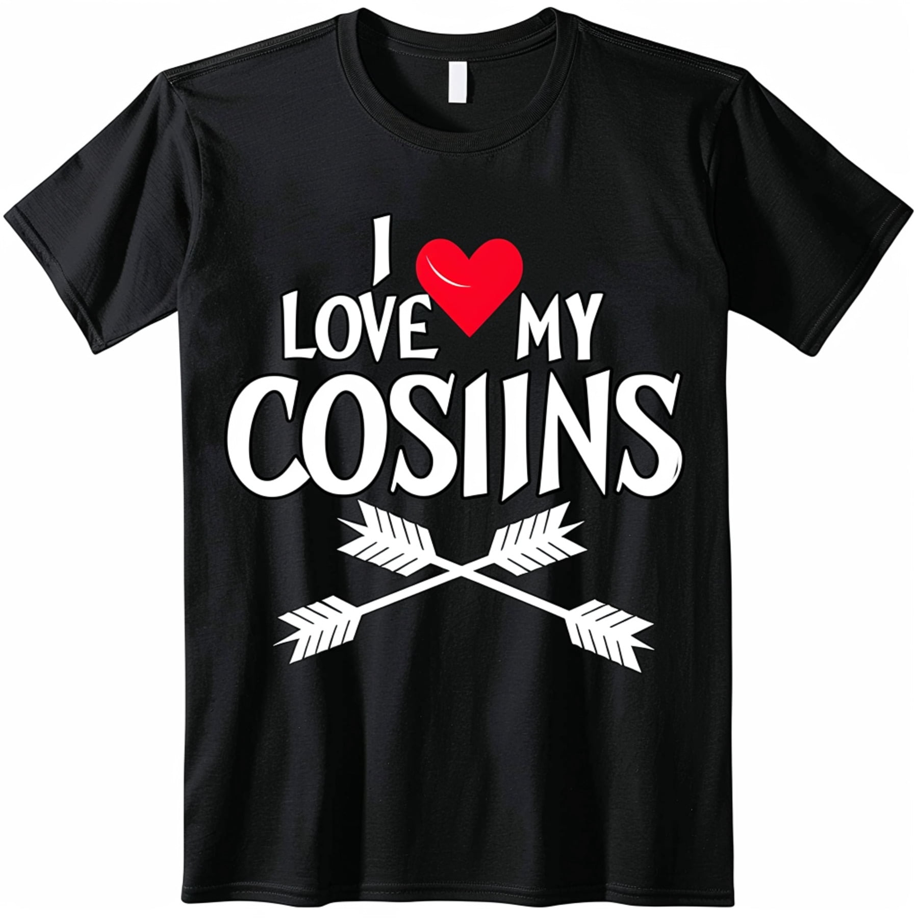 Black TShirt with 'I LOVE MY COUSINS' White Text and Red Heart Arrow ...