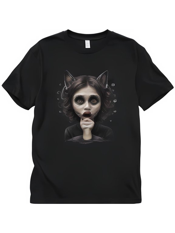 Black TShirt featuring Comic Book Style Cat Girl with Gothic Makeup in Dark Hair