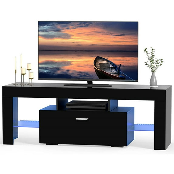 Black TV Console, SEGMART Modern TV Stand Table with LED Lights, High Gloss TV Console Cabinet with Storage Drawers, Home Media Entertainment Center for Living Room, 51"x13.7"x17.7", LL285