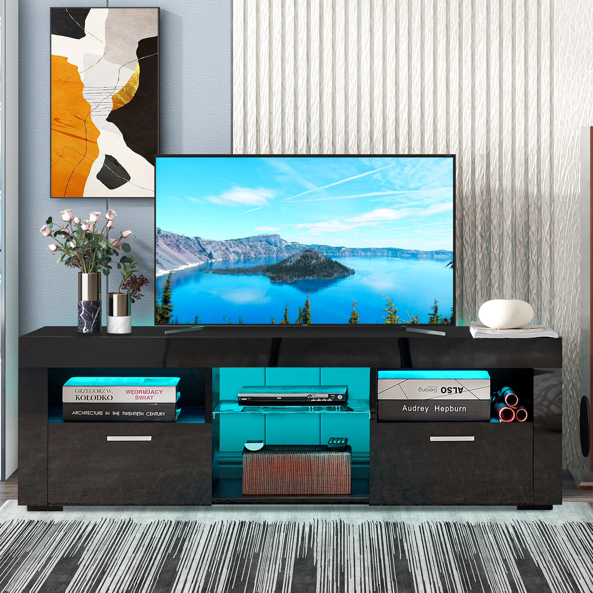 Black TV Console Table BTMWAY High Gloss Entertainment Center TV Stand for 32 55 Television Modern Corner TV Cabinet with 20 Colors LED Lights