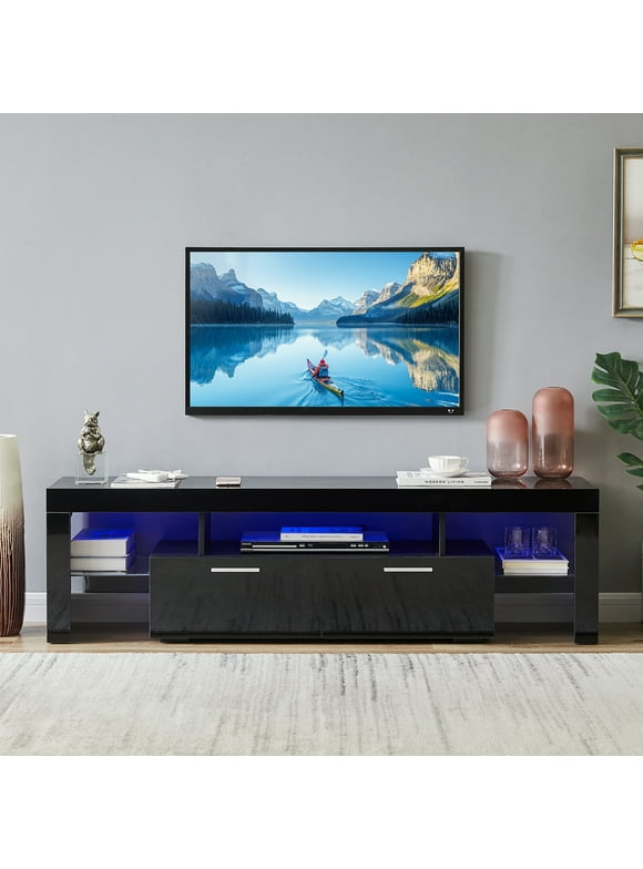 Black TV Stand with 16 Colors LED Remote Control Lights, TV Console Cabinet Table for TV up to 70", Media Console Entertainment Center for Living Room with Storage Cabinets and Shelves