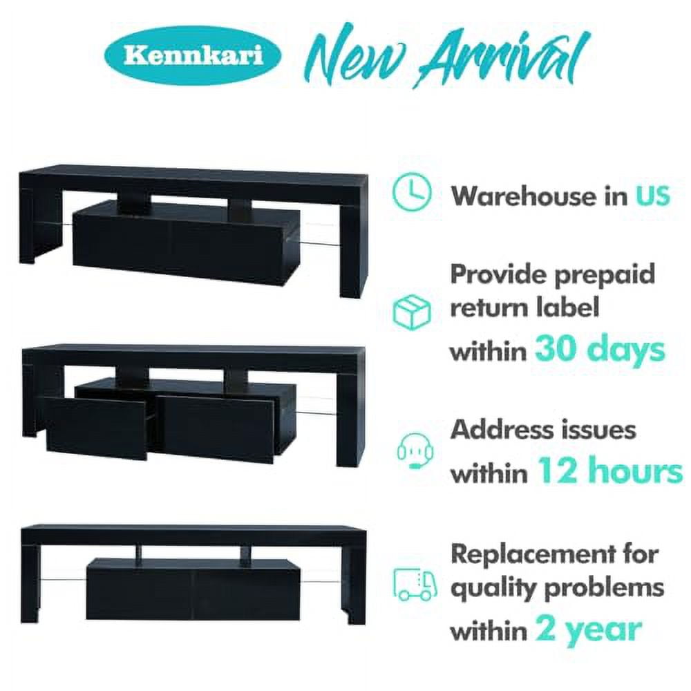 Black TV Stand with 2 Storage and 3 Open Shelves High Gloss LED TV, TV