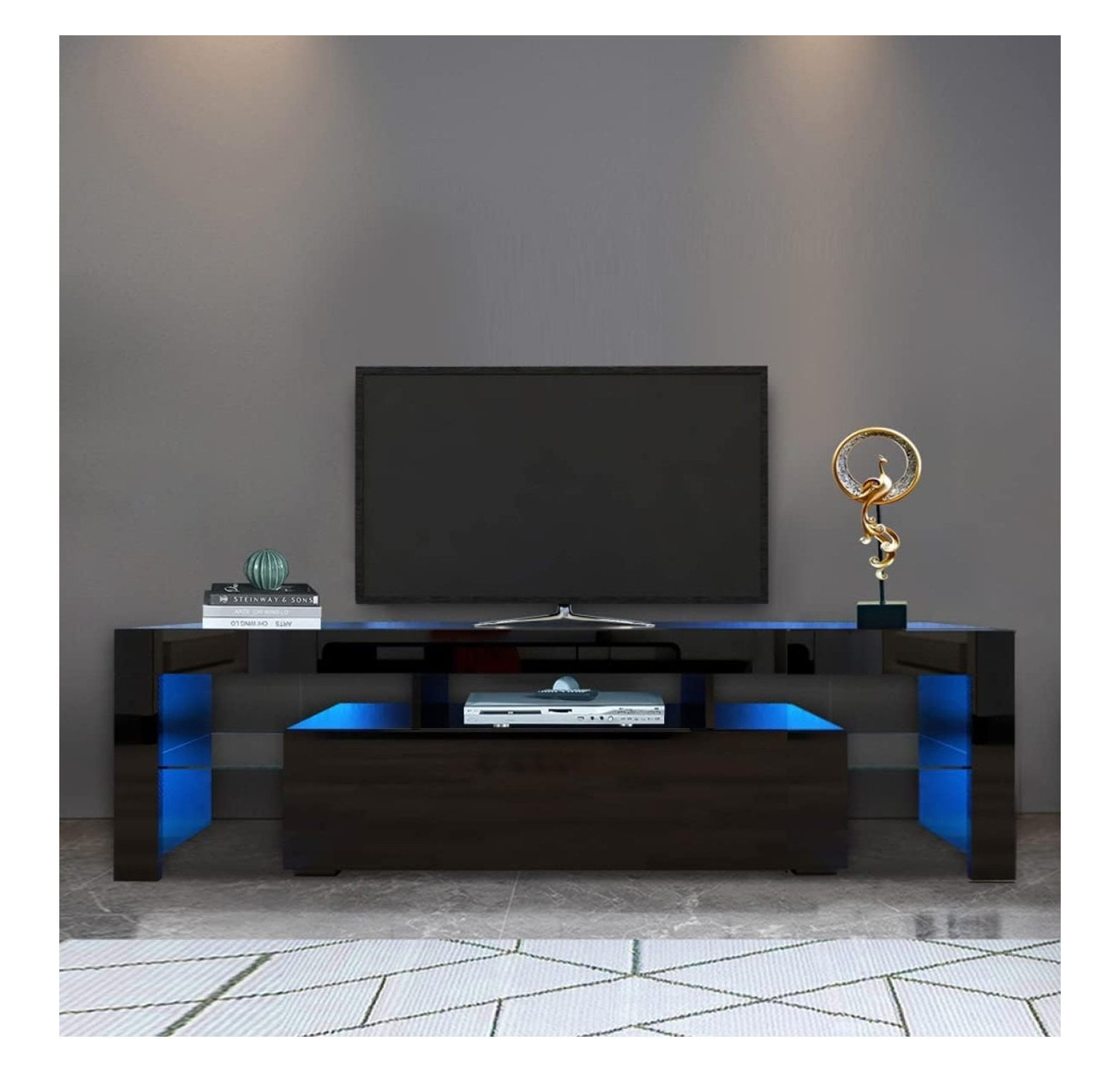 Black TV Stand with 2 Storage and 3 Open Shelves High Gloss LED TV, TV