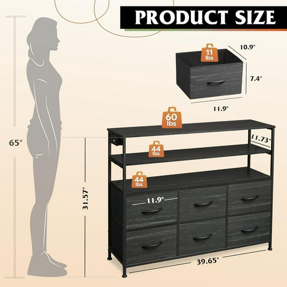 Black TV Stand for 40, 45 inch TV, Entertainment Center with LED Lights & Charging Station, TV Media Console Table with 6 Fabric Drawers and Open Shelves for Living Room, Hallway, Wood Top