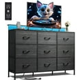 thumbnail image 1 of Black TV Stand for 45, 50, 55 inch TV, Entertainment Center with LED Lights & Charging Station, TV Media Console Table with 9 Fabric Drawers and Open Shelves for Living Room, Hallway, Wood Top, 1 of 16