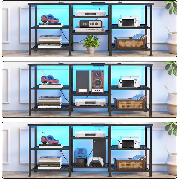 Black TV Stand for 55 Inch TVs+Movable Shelf Panels | On Sale | Practical Entertainment Center with Power Outlet, LED Lights & Open Storage for Living Room Bedroom