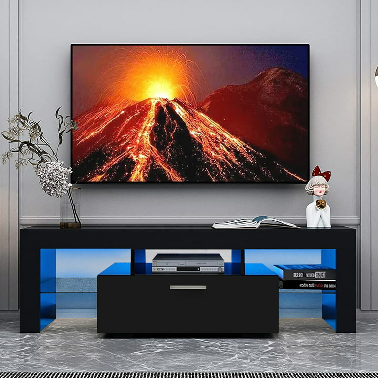 Black TV Stand for 55 inch TV, Modern High Glossy Television Stands with 16  Colors LED Light, TV Cabinet Console Table, Living Room TV Buffet Cabinet