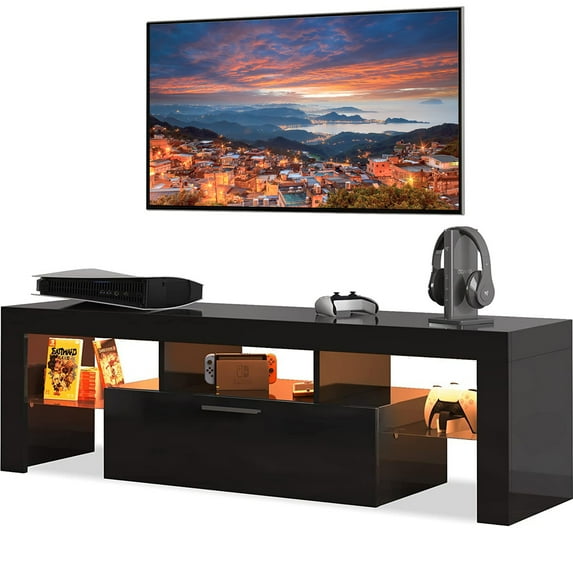 Black TV Stand for 55 inch TV, Modern High Glossy Television Table Stands TV Cabinet Console Table with 16 Colors LED Lights, TV Buffet Cabinet with Storage, Living Room Entertainment Center