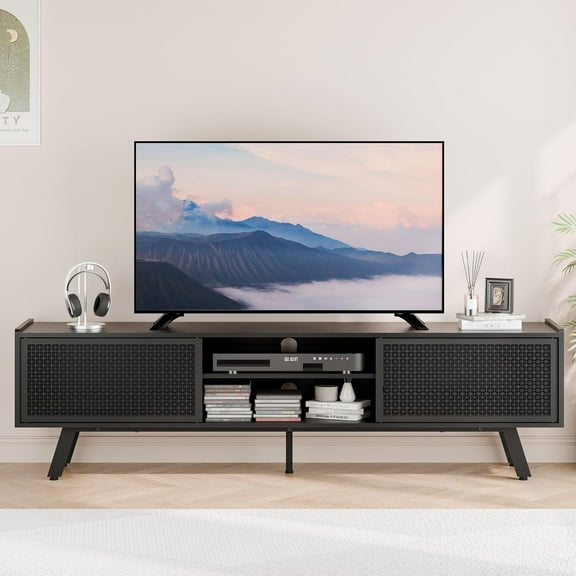 Black TV Stand for 65 70 Inch TV, Entertainment Center with Storage Cabinets, Iron Sliding Door & Adjustable Shelves, Mid Century Modern Media Console Table for Living Room, Bedroom