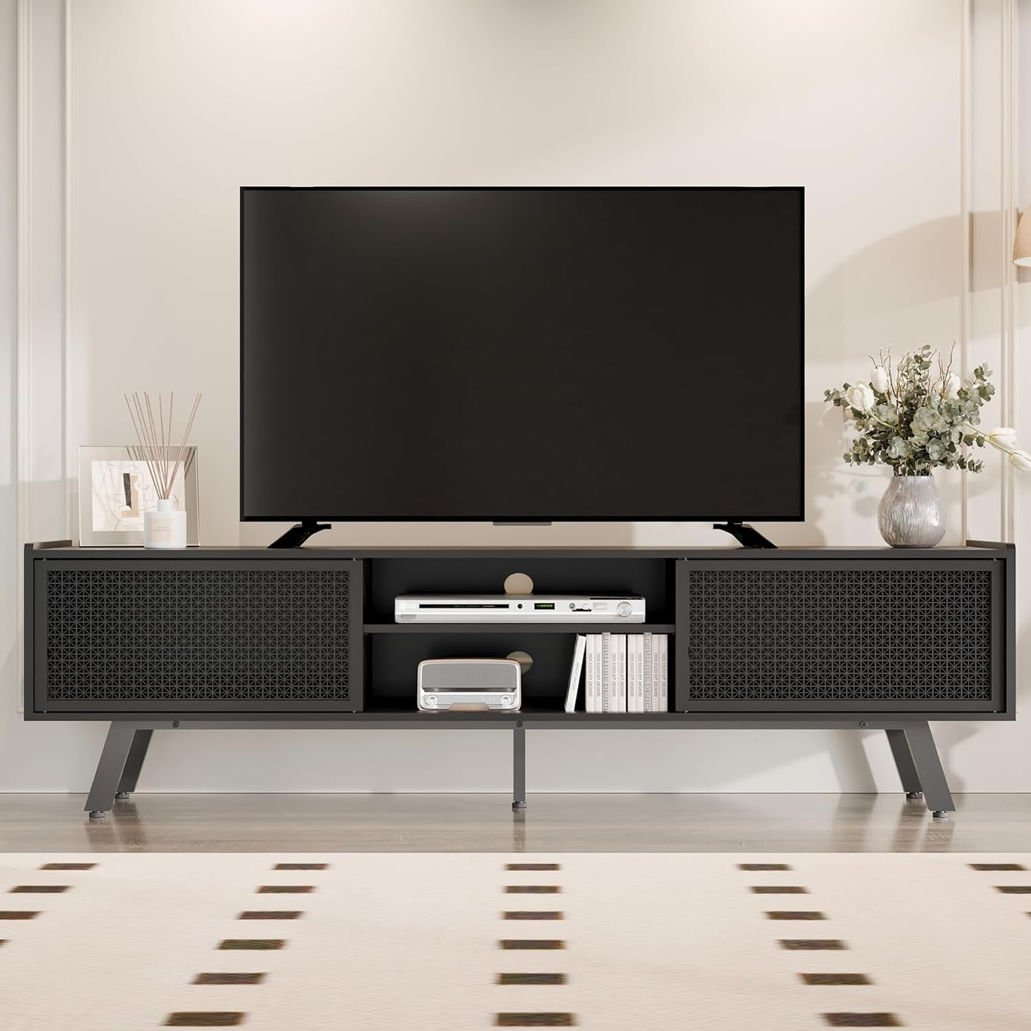 Black TV Stand for 65 70 Inch TV, Modern Iron Rattan TV Console with Sliding Door, Entertainment