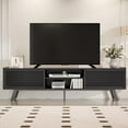 thumbnail image 1 of Black TV Stand for 65 70 Inch TV, Modern Iron Rattan TV Console with Sliding Door, Entertainment Center with Storage and Adjustable Shelves, Media Console for Living Room and Bedroom, 1 of 8