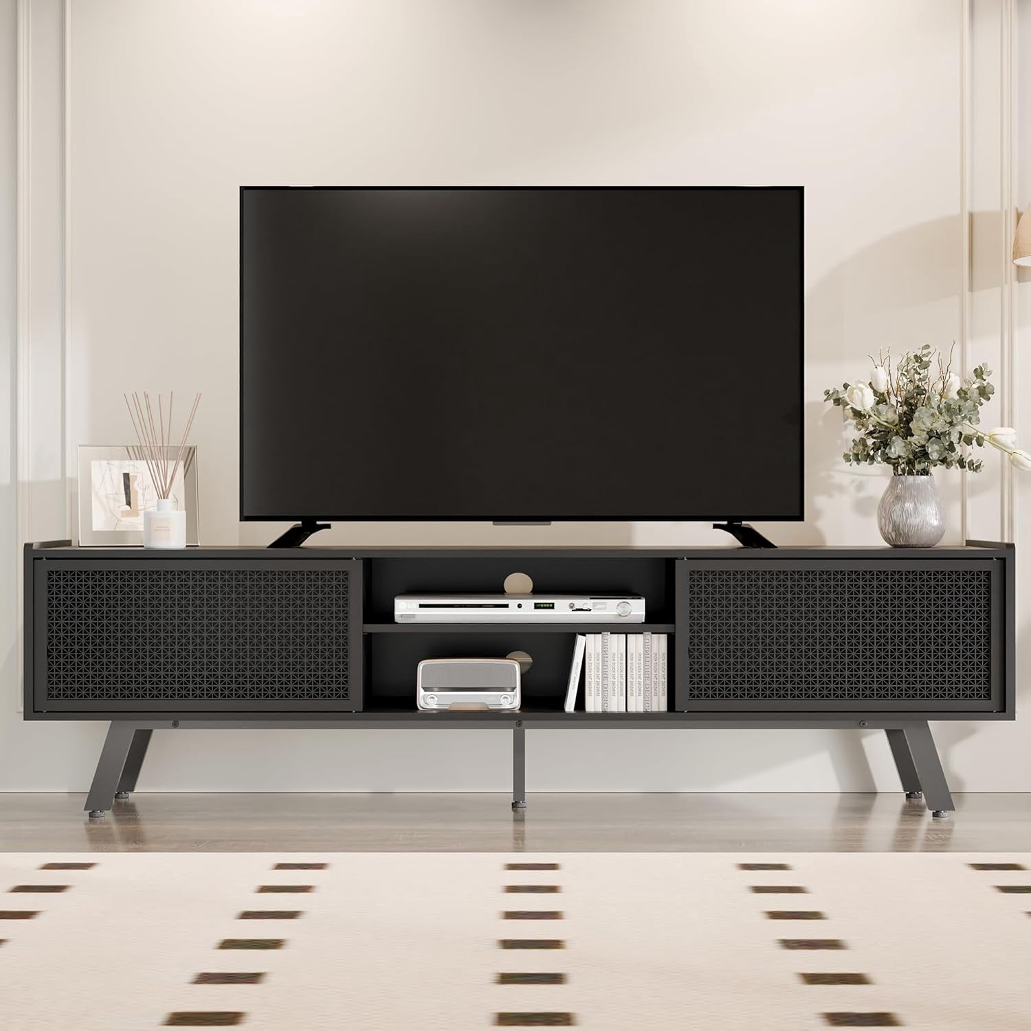 Rattan TV Stand For 55-70 Inch TVs – Farmhouse Media Console With Storage Cabinets, Sliding Doors | Boho Living Room Entertainment Center
