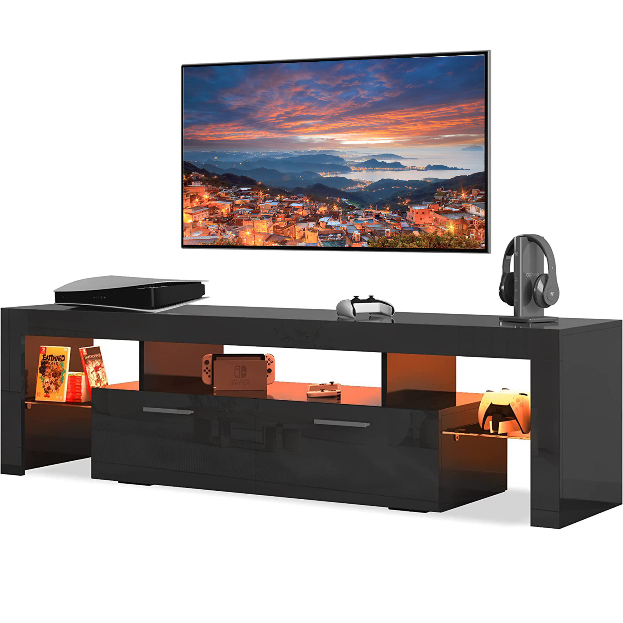 Black TV Stand for 70 inch TV, Modern High Glossy Television Table Stands TV Cabinet Console Table with 16 Colors LED Lights, TV Buffet Cabinet with Storage, Living Room Entertainment Center - image 1 of 13