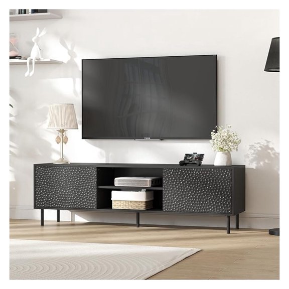 Black TV Stand for 75 Inch TV, -Century Modern TV Console with Storage, Wooden Television Furniture for Living Room, Entertainment Center with Large Storage Space, Textured Honeycomb Pattern