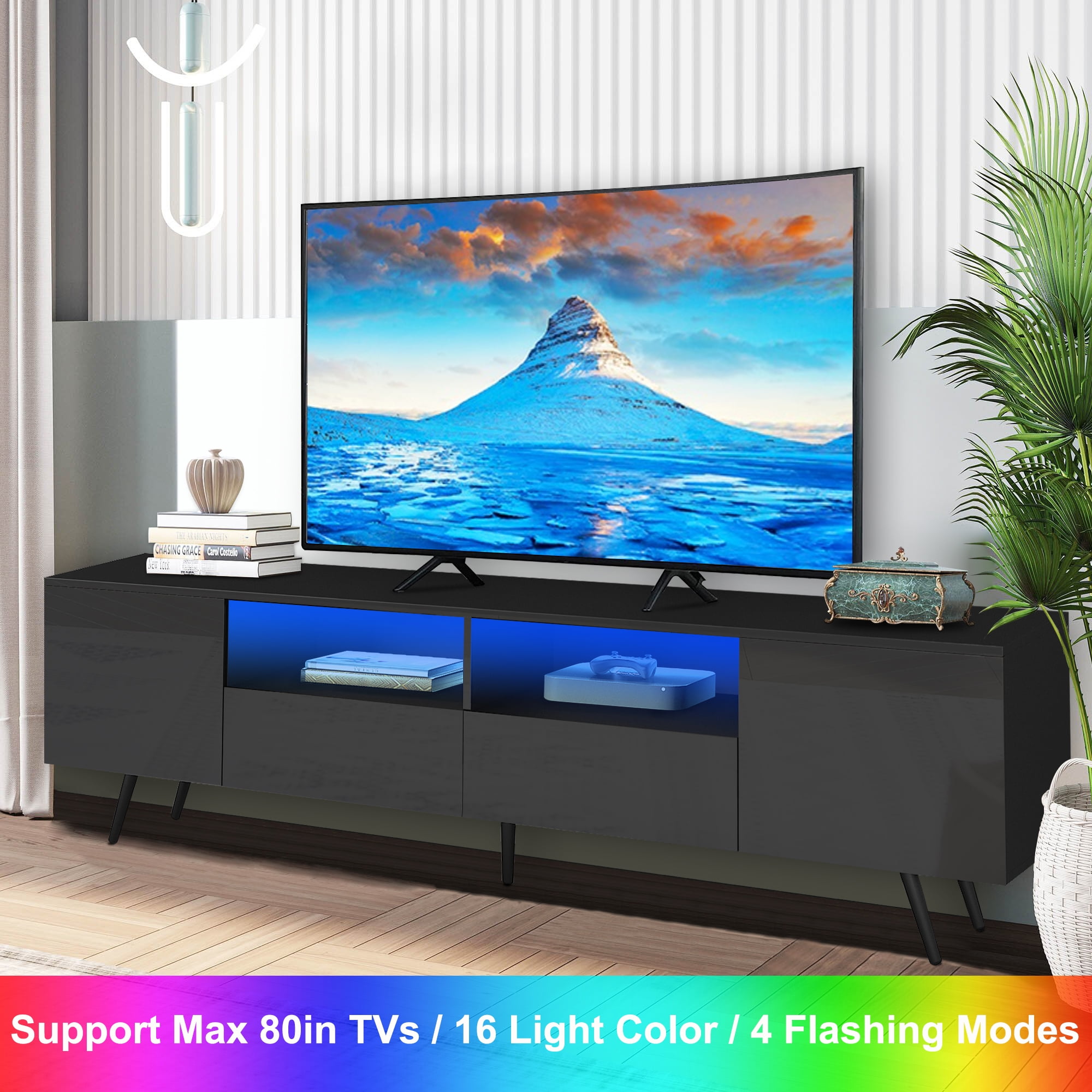 Black TV Stand for 75in+ TV, Paproos High Gloss TV Cabinet for Living ...