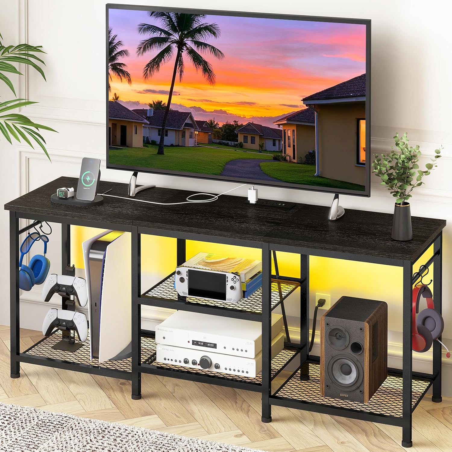 Black TV Stand Entertainment Center for 55 Inch TVs, with Charging ...