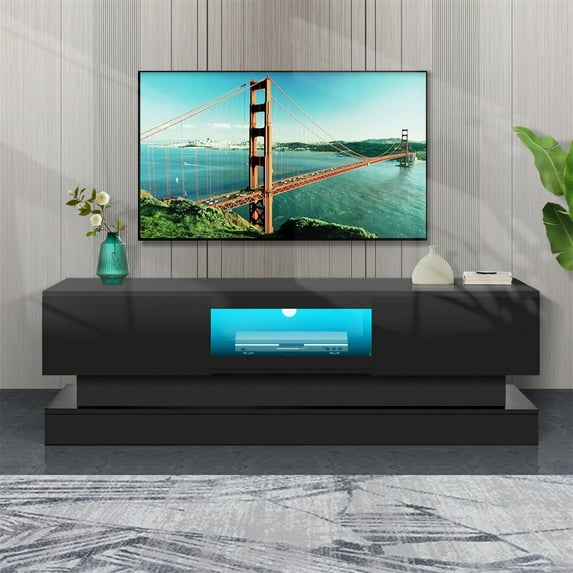 Black TV Stand with LED Lights, High Glossy Front TV Cabinet, Modern Entertainment Center with 2 Storage Drawers, Gaming LED TV Media Console Table for Lounge Room Living Room Bedroom