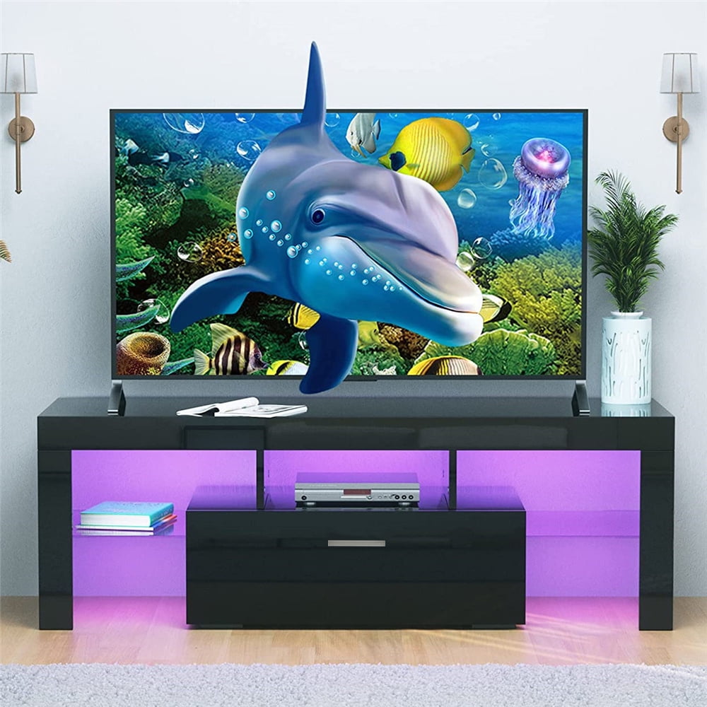Black TV Stand LED, SEGMART Modern TV Console with LED Lights