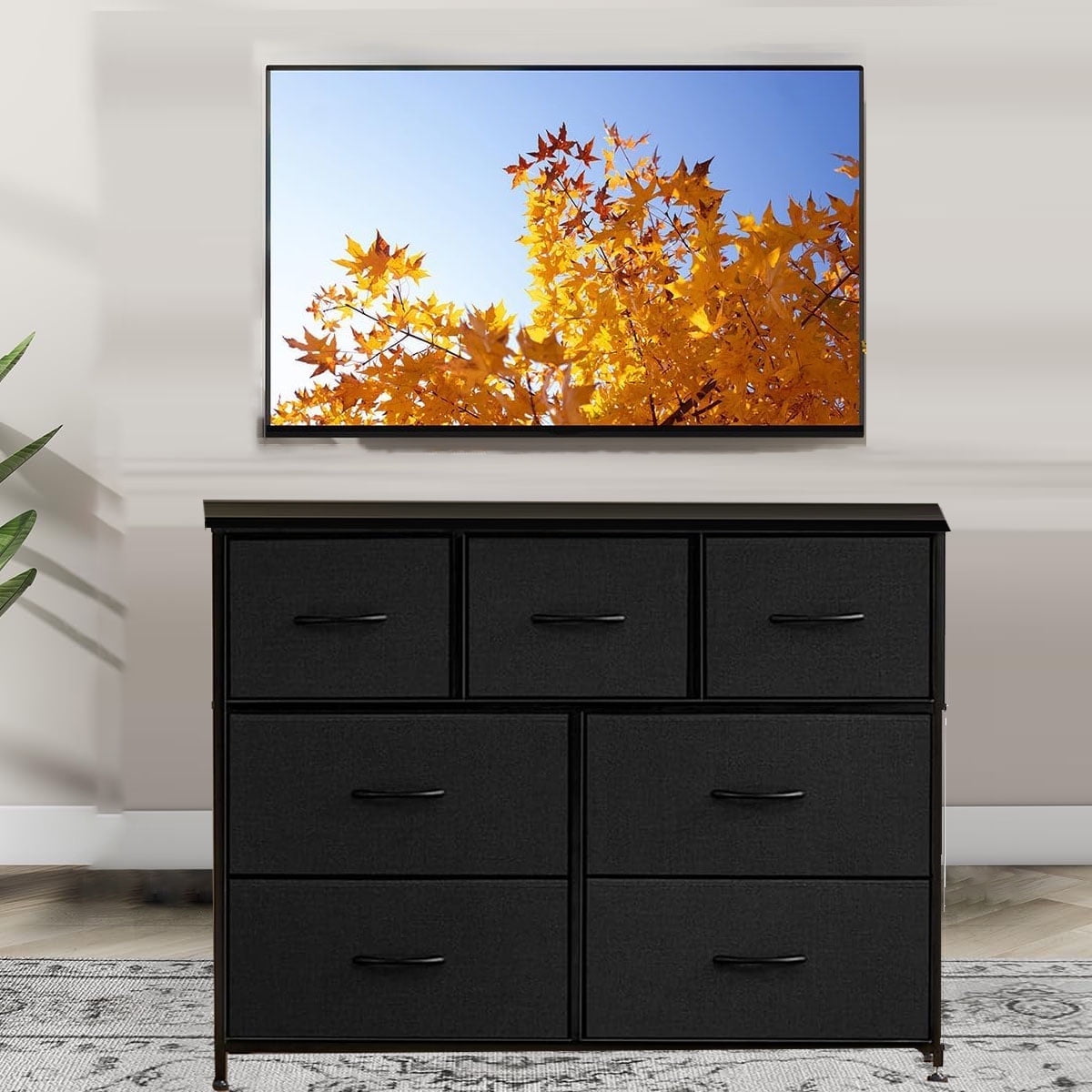 Black Dresser, Modern Simple TV Cabinet with Storage Drawers, Fabric TV Console, Media Gaming Stand for Living Room, Bedroom