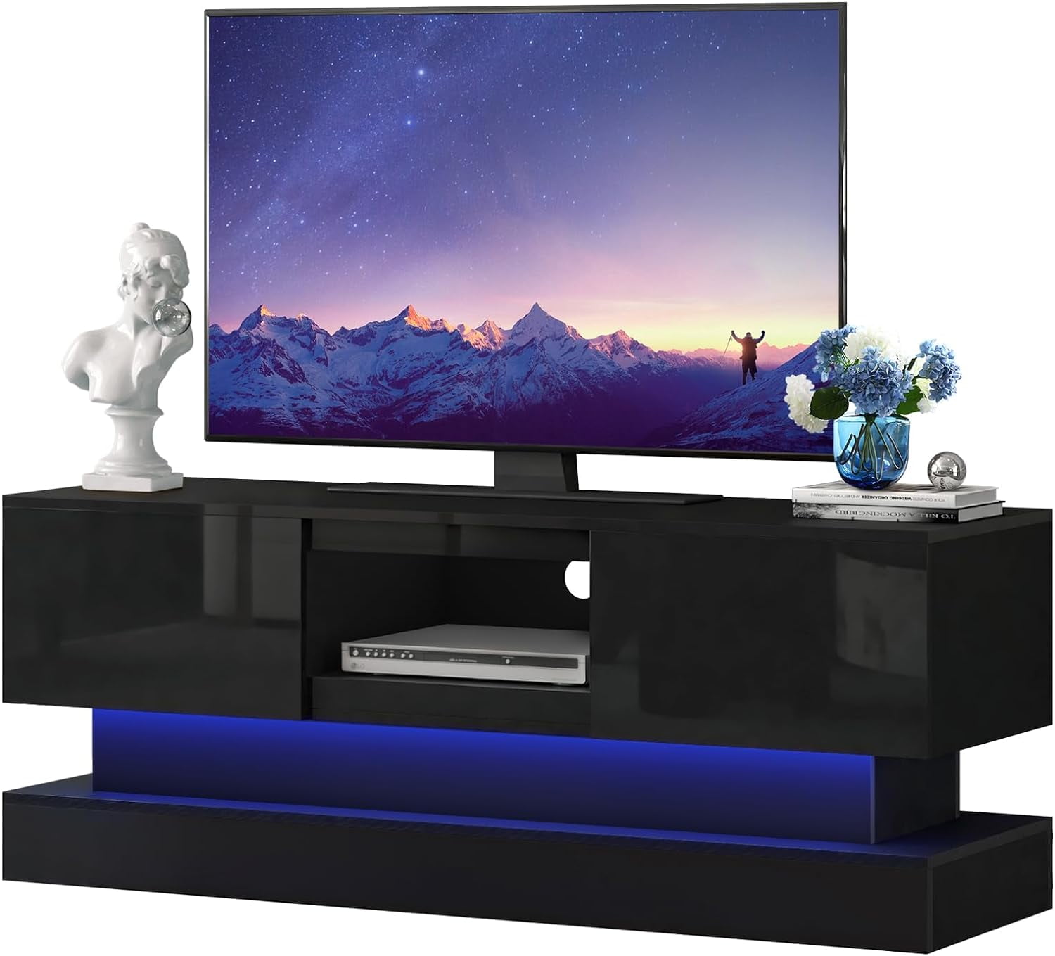 Modern TV Stand For 65+ Inch TVs - Black Fluted Panel Media Console With Sliding Doors & Adjustable Shelves (58 Inch)
