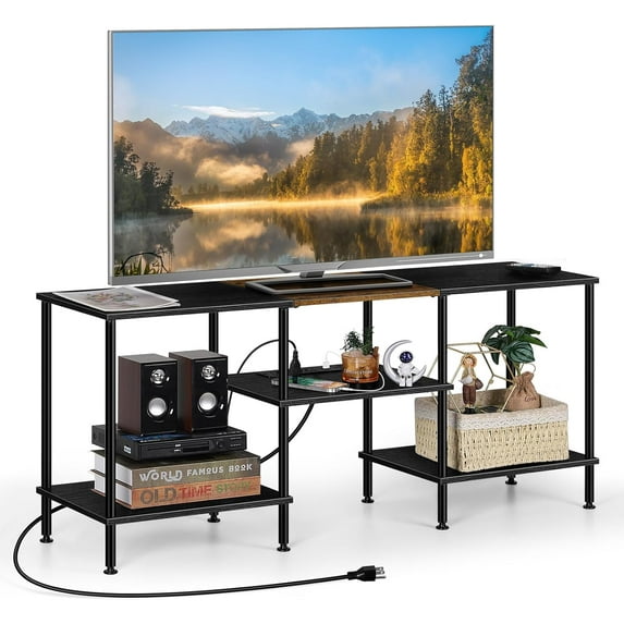 Black Bedroom TV Stand with Power Outlets up to 50 inch TV, Small Entertainment Center Stand with Storage Modern Media TV Console Table for Living Room Bedroom