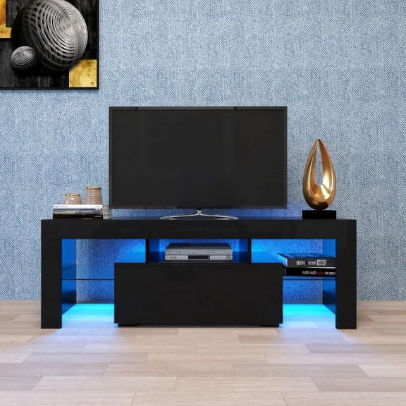 Black TV Stand with RGB LED Lights, 51 Inch Modern Entertainment Center for Flat Screen TVs up to 55 Inches, Media Console for Living Room, Bedroom, Gaming Setup, Black