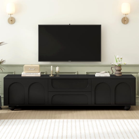 Black TV Stand for TVs up to 75", Modern Media Console with Arched Doors & 2 Drawers, Minimalist Entertainment Center with Press-Open Panels, 5 Round Metal Legs