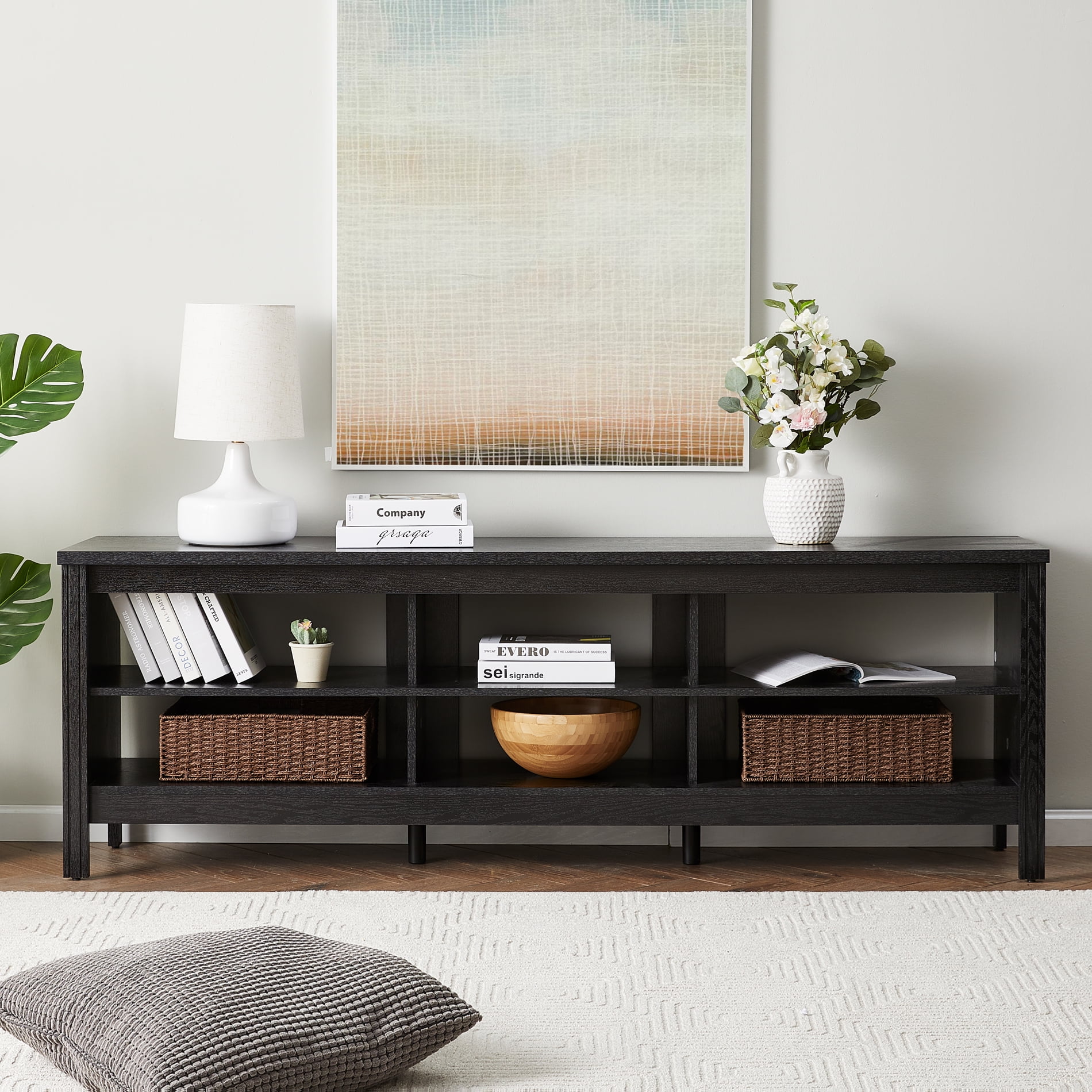 Black TV Stand for 75 Inch TV, Farmhouse Wood TV Cabinet with 6 Cubby for Living Room Bedroom,70 inch
