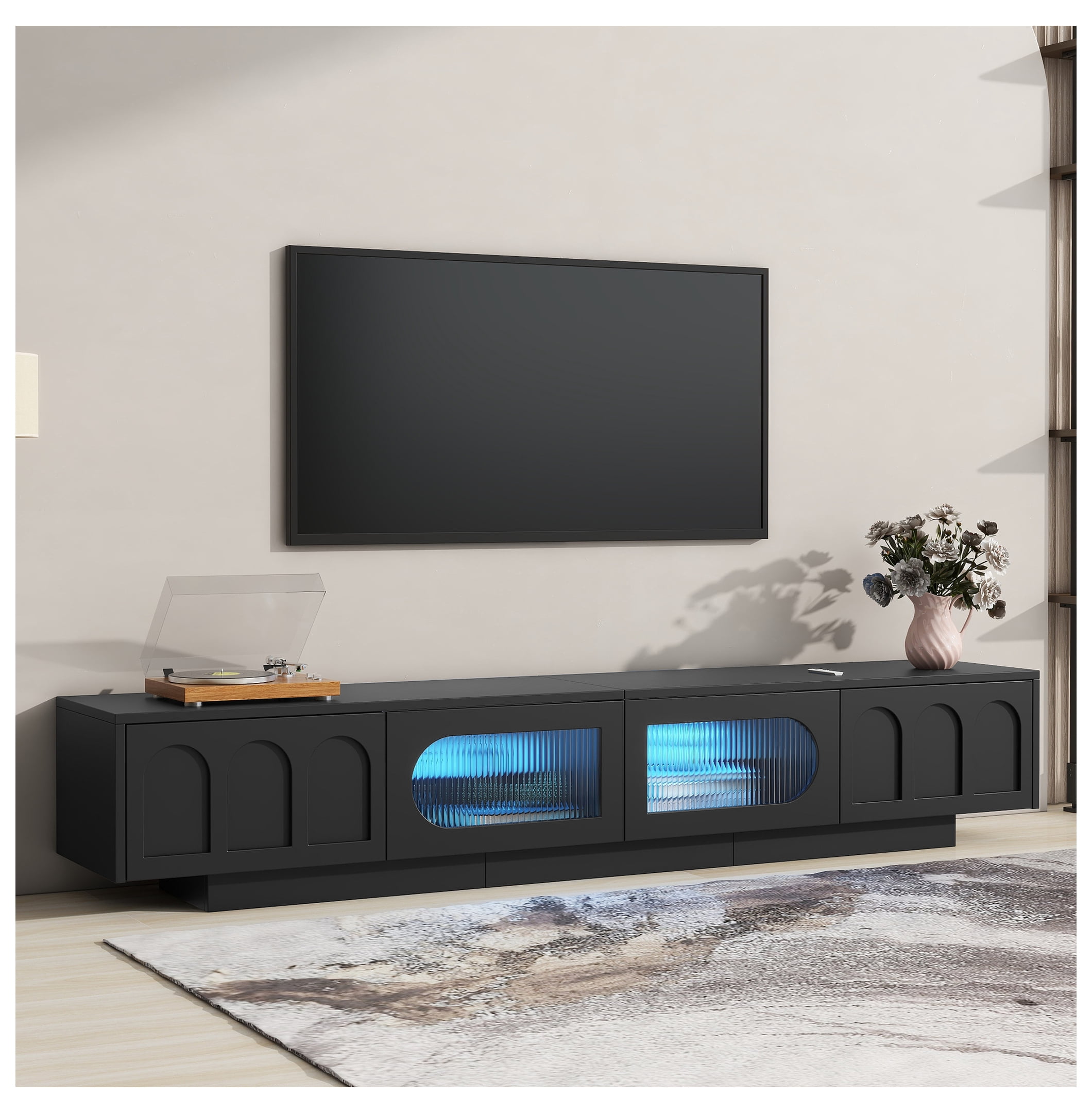 Black TV Stand with Fluted Tempered Glass Doors, Arched Cabinets, APP ...
