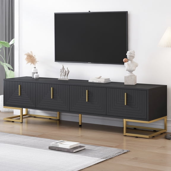 Black TV Stand with Geometric Doors and Cable Management / Protect Floor, Organize Entertainment Equipment