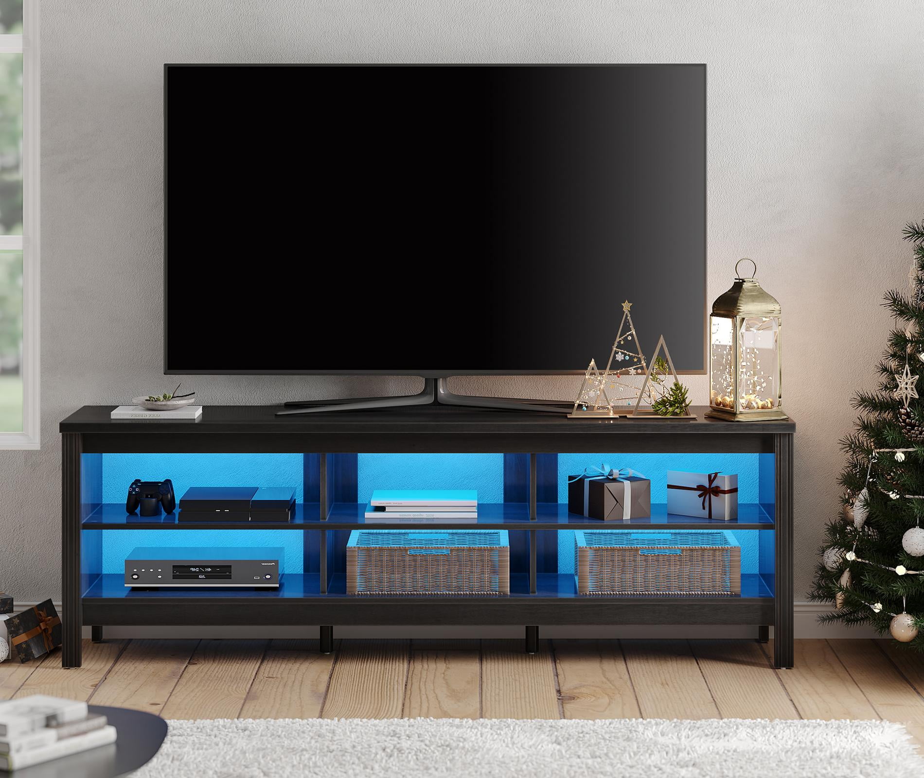 Black TV Stand with LED Lights for 75 Inch TV, Farmhouse TV Cabinet with 6  Storages, Living Room TV Console Table Entertainment Center, 70 inch