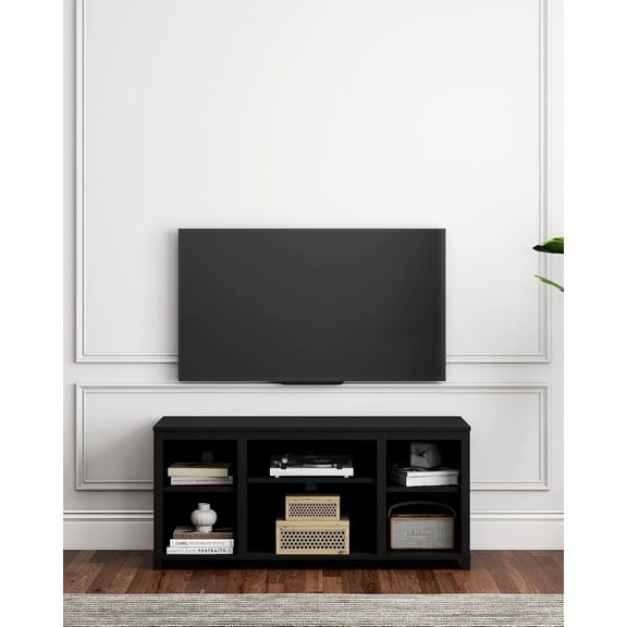 Black TV Stand with Shelves, Entertainment Center with 6 Open Storage Cubes, TV Console Table for Living Room Bedroom, 55 Inch