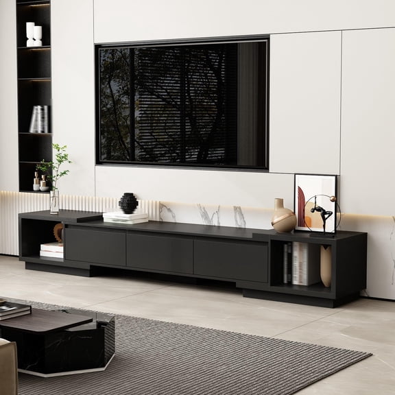 Black TV Stands for Living Room, Extendable Under TV Table Stand Cabinet with Drawers, Entertainment Center with Storage, Modern Entertainment Media Console Center for Living Room, Bedroom