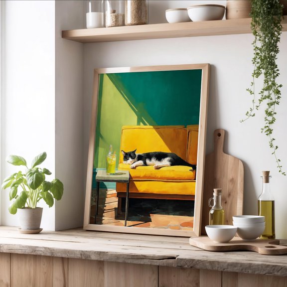 Black Tabby Cat Cocktail Wall Art Print Modern Bar Decor