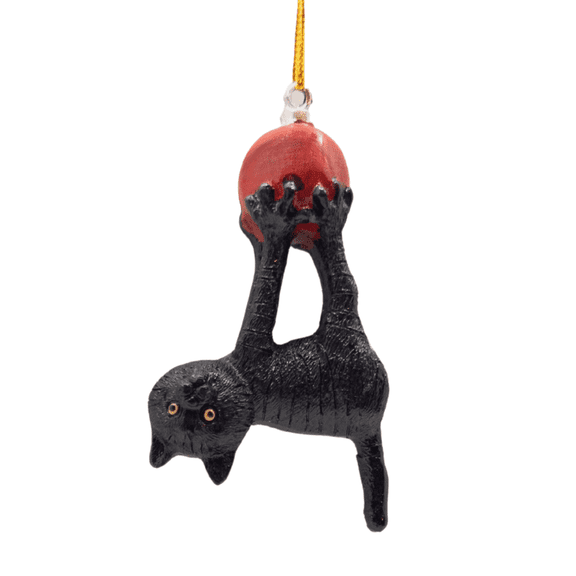 Black Tabby Cat Hanging Upside Down On Red Bulb Christmas Tree Funny Ornament