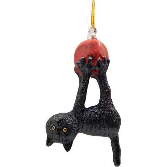 Black Tabby Cat Hanging Upside Down On Red Bulb Christmas Tree Funny Ornament