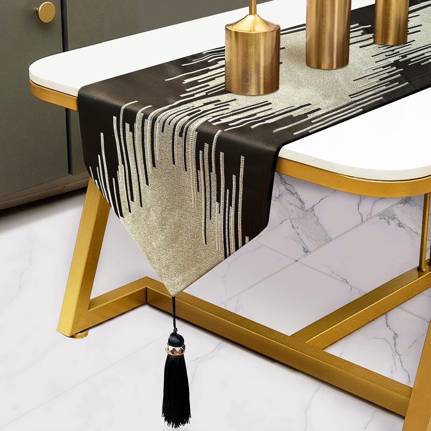 Black Table Runner 72 Inches Long Handmade Embroidery Modern Abstract ...