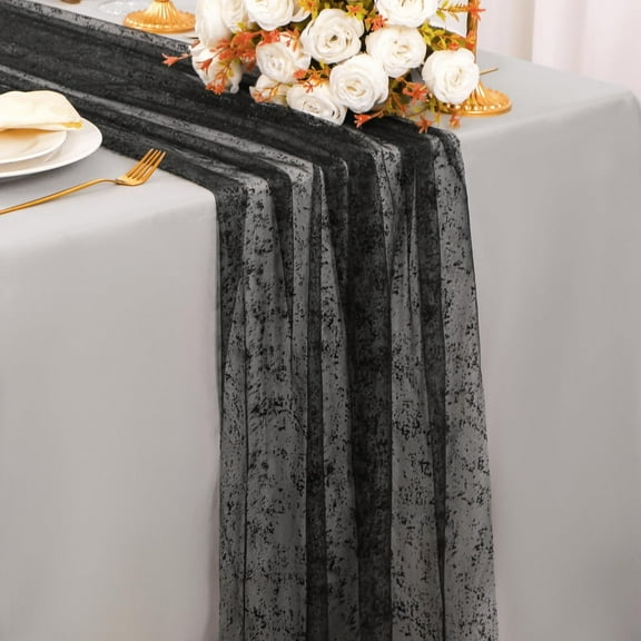 Black Table Runner Metallic Foil Chiffon Gauze Cheesecloth, Lightweight Table Decoration for Party, Halloween, and Christmas
