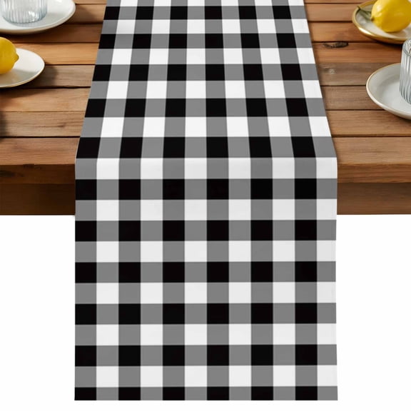 Black and Table Runner, White Checkerboard Gradient Simple Grid Theme Cotton Linen Table Cloth, Tablerunner for Kitchen Dining Party Wedding Home Decor 13x36 Inch