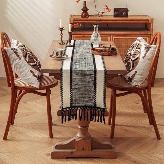 Black Table Runner with Tassels - Bohemian Style Dining Table Decor, 86 Inch Long, Machine Washable, for Wedding, Party, Living Room