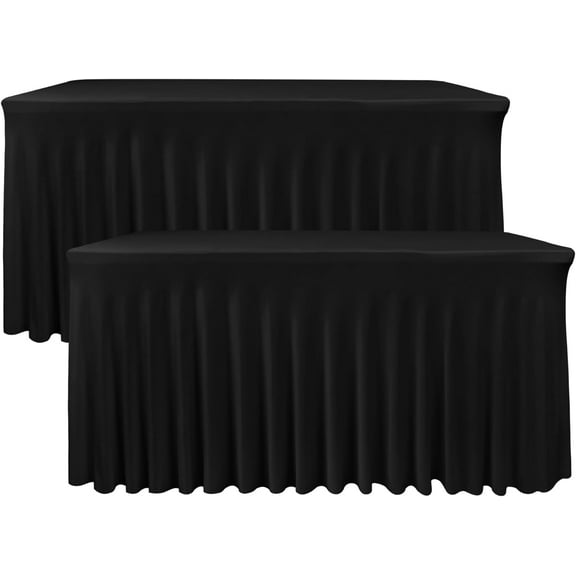 Black Table Skirt for 6 Foot Rectangle Tables, 2 Pack - 72 x 30 Inch - Stretch Spandex Fitted Table Clothes, Fabric Table Covers Cocktail Tablecloths for Party, Banquet