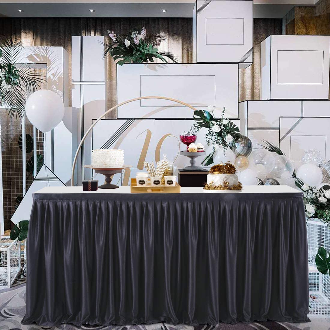 Black Table Skirts for Rectangle Tables 6ft Polyester Table Skirt Ruffle Tablecloth for Birthday
