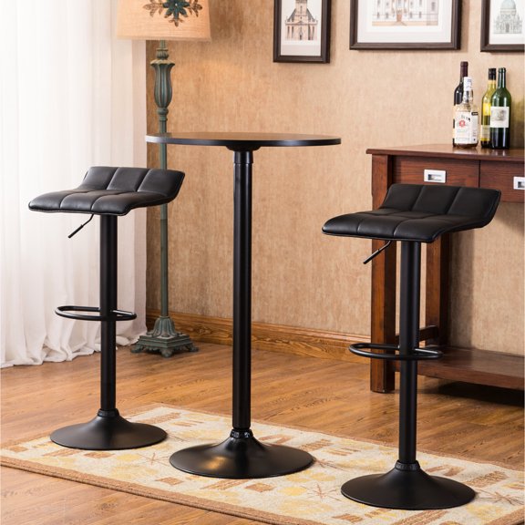 Black Table with 2 Swivel Leather Stools, Air - Lift Adjustable / For Dining Spaces