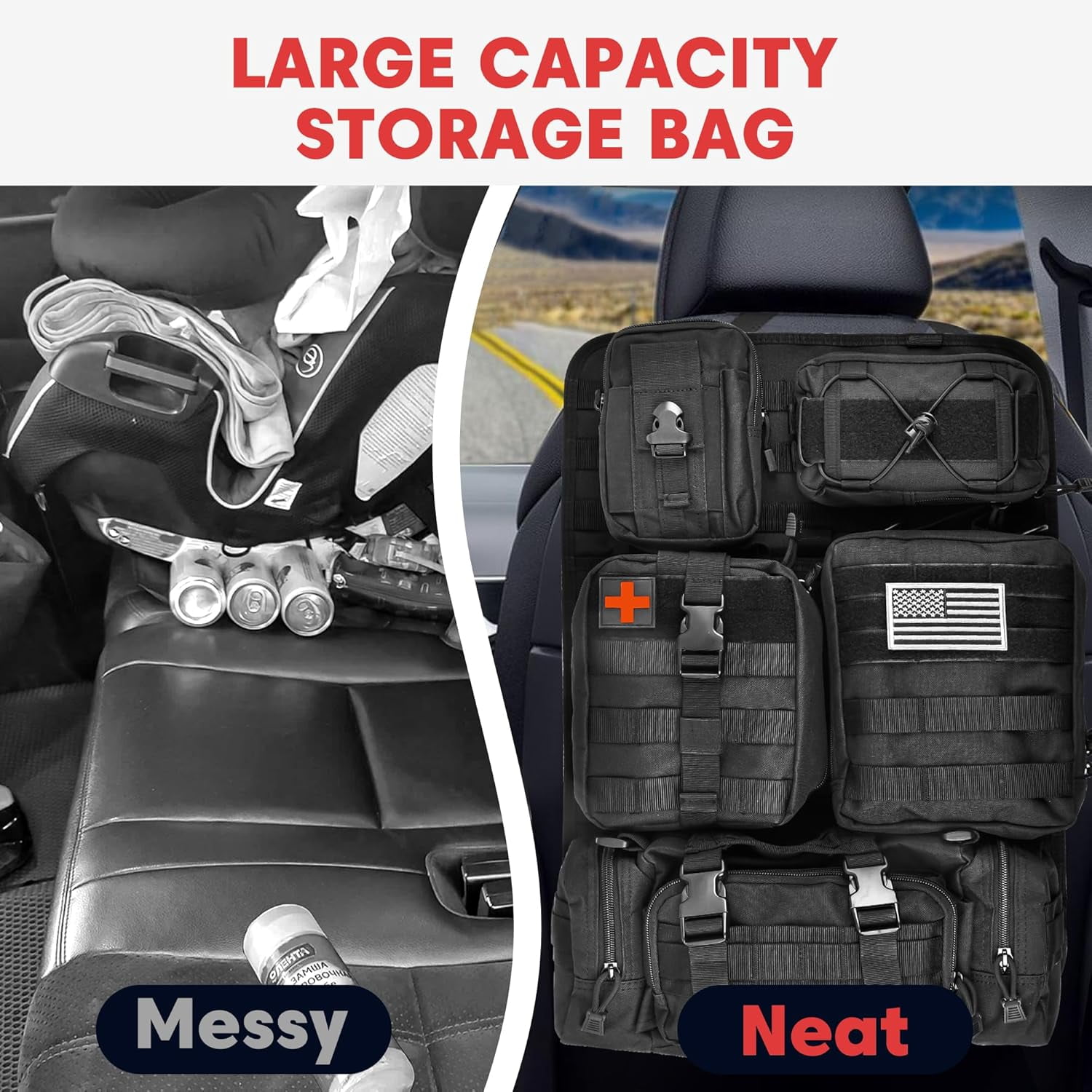 Black Tactical Car Seat Back Organizer, Molle Panel with 5 Detachable Multi-Purpose Pouches, Universal Fit for Cars, Trucks, Ford, Jeep & SUV Use