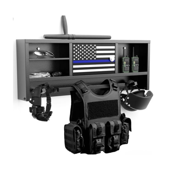 Black Tactical Duty Gear Rack with Thin Blue Line Flag, Wall-Mount Storage Hanger with Hooks for Vest and Equipment