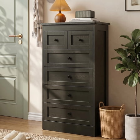 NEORIVER 6 Drawer Tall Dresser, Modern Farmhouse Black Chest of Drawers with Assembly Video Guide