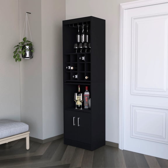 Black Tall Bar Cabinet | Two - Door Design for Extra Barware Space | Engineered Wood Material | Overcomes Bar Storage Limitations