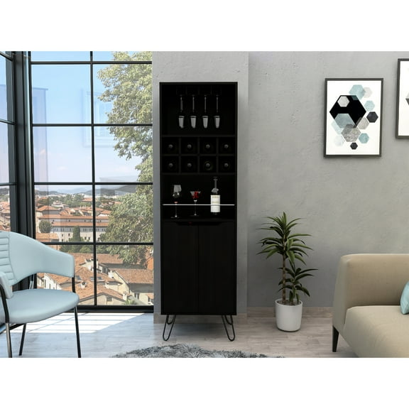 Black Tall Bar Cabinet With Eight Wine Rack And Slanted Steel Legs - Fine Modern Elegant In Double Doors