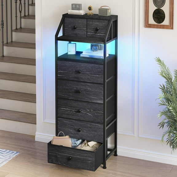 Black Tall Dresser for Bedroom Dresser with LED Lights Tall Fabric Dresser with Open Wood Shelf,Tall Dresser of Metal Frame